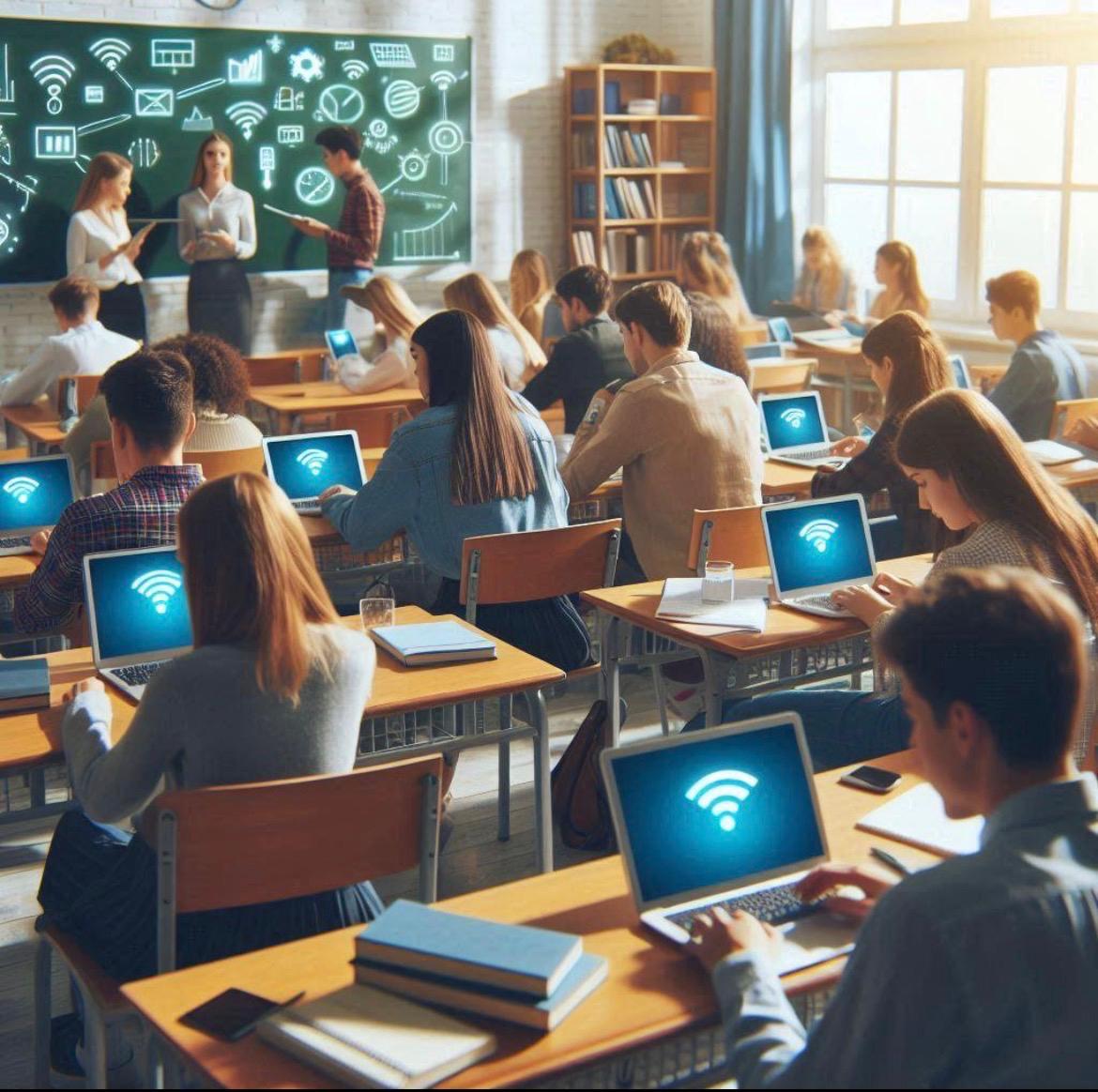 Students using connected laptops in a digital classroom